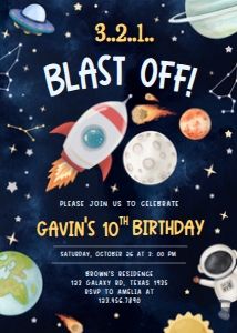 44BD Astronaut Outer Space Birthday Invitation B: 44BD Astronaut Outer Space Birthday Invitation
