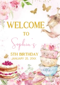 41BD Pink Gold Let's Par-tea Birthday Welcome Sign A1 A: 41BD Pink Gold Let's Partea Birthday Welcome Sign