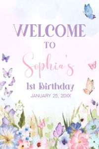 47BD Floral Butterfly Birthday Welcome Sign 24x36 B: 47BD Floral Butterfly Birthday Welcome Sign
