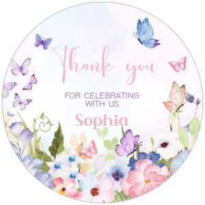 47BD Floral Butterfly Birthday Round Favor Tag B: 47BD Floral Butterfly Birthday Round Favor Tag