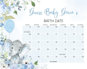 1001 Blue Elephant Baby Shower Calendar 10x8 A: 1001 Blue Elephant Baby Shower Calendar
