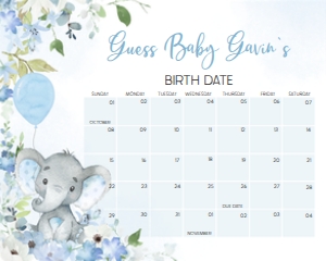 1001 Blue Elephant Baby Shower Calendar 20x16 A: 1001 Blue Elephant Baby Shower Calendar