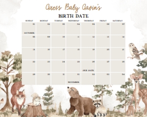 1032 Woodland Animals Baby Shower Calendar 10x8 A: 1032 Woodland Animals Baby Shower Calendar