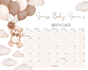 1027 Brown We Can Bearly Wait Baby Shower Calendar 20x16 B: 1027 Brown We Can Bearly Wait Baby Shower Calendar