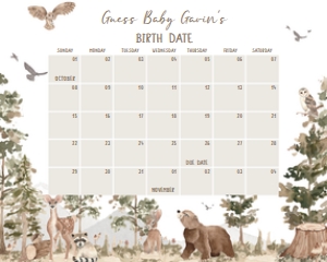 1032 Woodland Animals Baby Shower Calendar 10x8 B: 1032 Woodland Animals Baby Shower Calendar