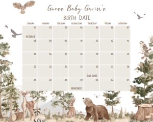 1032 Woodland Animals Baby Shower Calendar 20x16 B: 1032 Woodland Animals Baby Shower Calendar