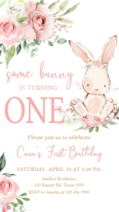 50BD Pink Floral Bunny First Birthday Invitation Mobile A: 50BD Pink Floral Bunny Birthday Invitation