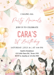 50BD Pink Floral Bunny Birthday Invitation design preview
