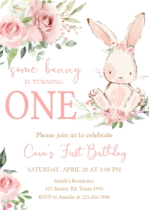 50BD Pink Floral Bunny First Birthday Invitation A: 50BD Pink Floral Bunny Birthday Invitation