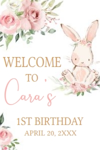 50BD Pink Floral Bunny Birthday Party Welcome Sign 20x30 A: 50BD Pink Floral Bunny Birthday Party Welcome Sign