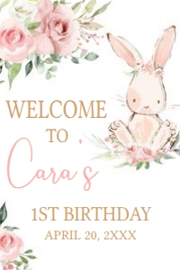 50BD Pink Floral Bunny Birthday Party Welcome Sign 24x36 A: 50BD Pink Floral Bunny Birthday Party Welcome Sign