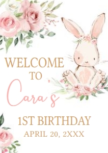 50BD Pink Floral Bunny Birthday Party Welcome Sign A4 A: 50BD Pink Floral Bunny Birthday Party Welcome Sign