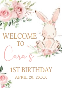 50BD Pink Floral Bunny Birthday Party Welcome Sign A3 A: 50BD Pink Floral Bunny Birthday Party Welcome Sign