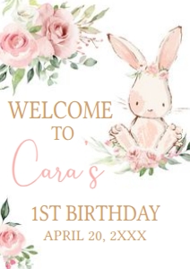 50BD Pink Floral Bunny Birthday Party Welcome Sign A2 A: 50BD Pink Floral Bunny Birthday Party Welcome Sign