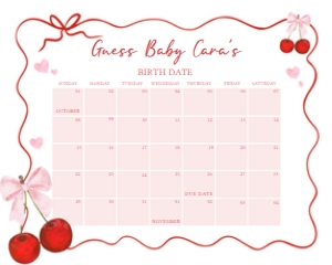 1033 Cherry Baby Shower Calendar 10x8 B: 1033 Cherry Baby Shower Calendar