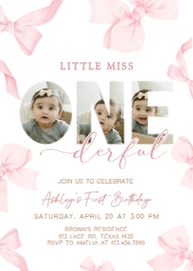 56BD Coquette Pink Bow First Birthday Invitation A: 56BD Coquette Pink Bow First Birthday Invitation