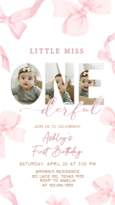 56BD Coquette Pink Bow First Birthday Invitation Mobile A: 56BD Coquette Pink Bow First Birthday Invitation