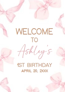 56BD Coquette Pink Bow First Birthday Welcome Sign A3 A: 56BD Coquette Pink Bow First Birthday Welcome Sign