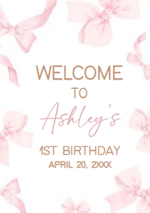 56BD Coquette Pink Bow First Birthday Welcome Sign A1 A: 56BD Coquette Pink Bow First Birthday Welcome Sign