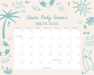 1050 Blue Baby on Board Baby Shower Calendar 10x8 A: 1050 Blue Baby on Board Baby Shower Calendar