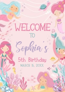 58BD Mermaid Birthday Welcome Sign A4 A: 58BD Mermaid Birthday Welcome Sign