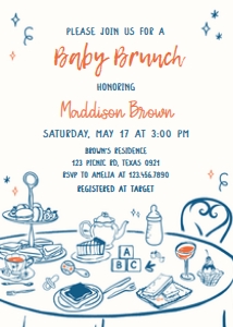 1057 Hand Drawn Boy Baby Brunch Baby Shower Invitation A: 1057 Hand Drawn Boy Baby Brunch Baby Shower Invitation