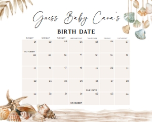 1058 Beach Bum Baby Shower Calendar 10x8 A: 1058 Beach Bum Baby Shower Calendar