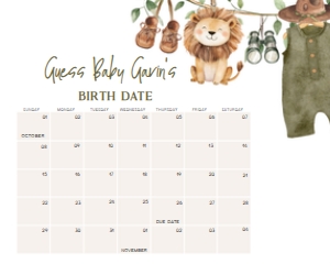 1059 Safari Clothes Baby Shower Calendar 10x8 A: 1059 Safari Clothes Baby Shower Calendar