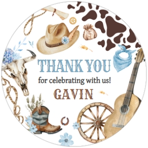 59BD Boy First Rodeo First Birthday Round Favor Tags design preview