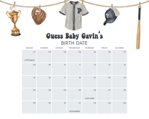 1062 A Little Slugger Baby Shower Calendar 10x8 A: 1062 A Little Slugger Baby Shower Calendar