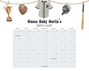 1062 A Little Slugger Baby Shower Calendar 20x16 A: 1062 A Little Slugger Baby Shower Calendar