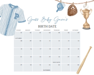 1062 A Little Slugger Baby Shower Calendar 10x8 B: 1062 A Little Slugger Baby Shower Calendar