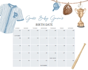 1062 A Little Slugger Baby Shower Calendar 20x16 B: 1062 A Little Slugger Baby Shower Calendar