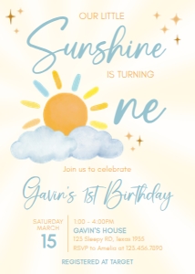 63BD Blue Little Sunshine Birthday Invitation A: 63BD Blue Little Sunshine Birthday Invitation