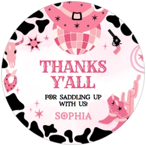 62BD Yee Haw Cowgirl Birthday Round Favor Tags design preview