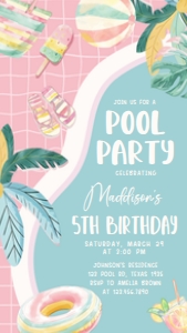70BD Girl Pool Party Birthday Party Invitation Mobile B: 70BD Girl Pool Party Birthday Party Invitation