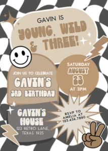 69BD Boy Young Wild and Three Birthday Invitation design preview