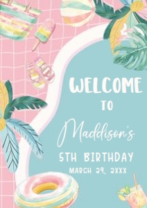 70BD Girl Pool Party Birthday Party Welcome Sign A1 A: 70BD Girl Pool Party Birthday Party Welcome Sign