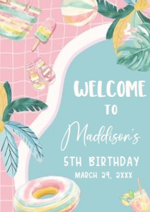 70BD Girl Pool Party Birthday Party Welcome Sign A3 A: 70BD Girl Pool Party Birthday Party Welcome Sign