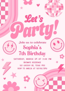 75BD Pink Retro Smiley Birthday Party Invitation design preview