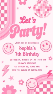 75BD Pink Retro Smiley Birthday Party Invitation Mobile A: 75BD Pink Retro Smiley Birthday Party Invitation