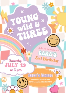 76BD Girl Young Wild and Three Birthday Party Invitation A: 76BD Girl Young Wild and Three Birthday Party Invitation