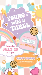 76BD Girl Young Wild and Three Birthday Party Invitation Mobile A: 76BD Girl Young Wild and Three Birthday Party Invitation