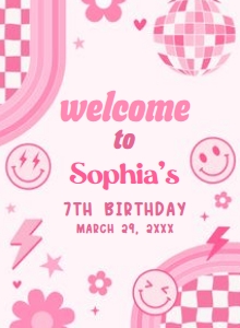 75BD Pink Retro Smiley Birthday Party Welcome Sign design preview