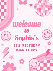 75BD Pink Retro Smiley Birthday Party Welcome Sign 18x24 A: 75BD Pink Retro Smiley Birthday Party Welcome Sign