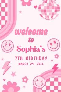 75BD Pink Retro Smiley Birthday Party Welcome Sign 20x30 A: 75BD Pink Retro Smiley Birthday Party Welcome Sign