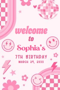 75BD Pink Retro Smiley Birthday Party Welcome Sign 24x36 A: 75BD Pink Retro Smiley Birthday Party Welcome Sign