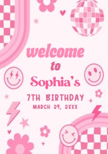 75BD Pink Retro Smiley Birthday Party Welcome Sign A1 A: 75BD Pink Retro Smiley Birthday Party Welcome Sign