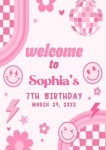 75BD Pink Retro Smiley Birthday Party Welcome Sign A2 A: 75BD Pink Retro Smiley Birthday Party Welcome Sign