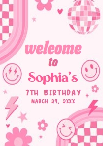 75BD Pink Retro Smiley Birthday Party Welcome Sign A3 A: 75BD Pink Retro Smiley Birthday Party Welcome Sign